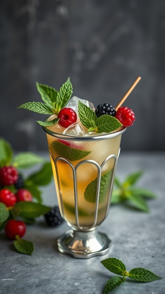 Mint Julep cocktail with fresh berries and mint leaves in a silver cup.