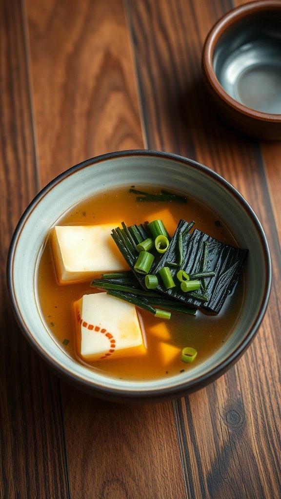 A bowl of miso soup with tofu and seaweed, garnished with green onions on a wooden table.