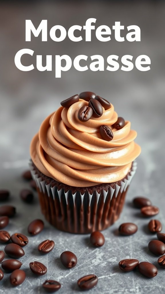 A mocha espresso cupcake adorned with coffee beans on top.