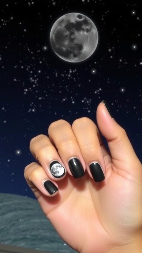 A hand with black nails featuring a moon design against a starry night background.