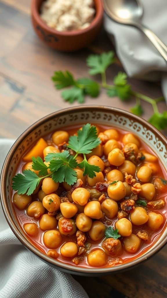 Bowl of Moroccan Chickpea Stew with cilantro garnish