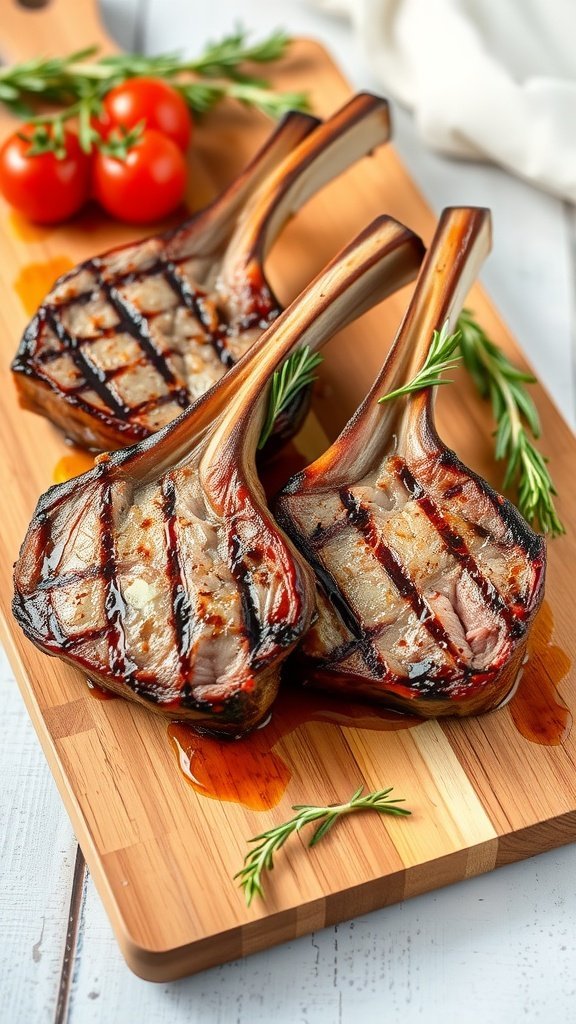 Grilled lamb chops on a wooden board with herbs and tomatoes
