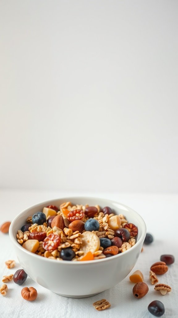 A bowl of muesli with dried fruits and nuts.
