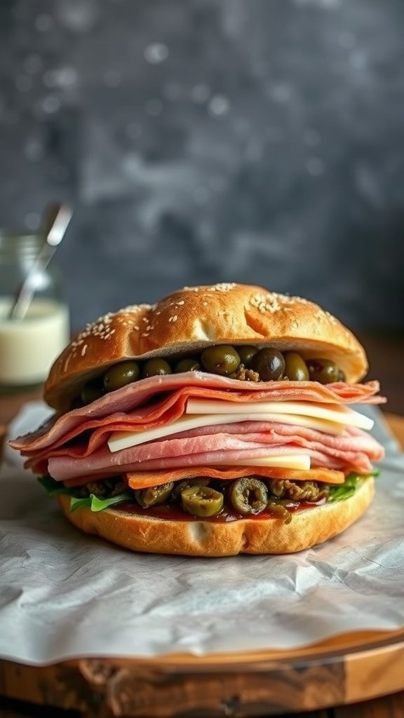 A Muffuletta sandwich filled with layers of meats, cheese, and olive salad, presented on a wooden board.