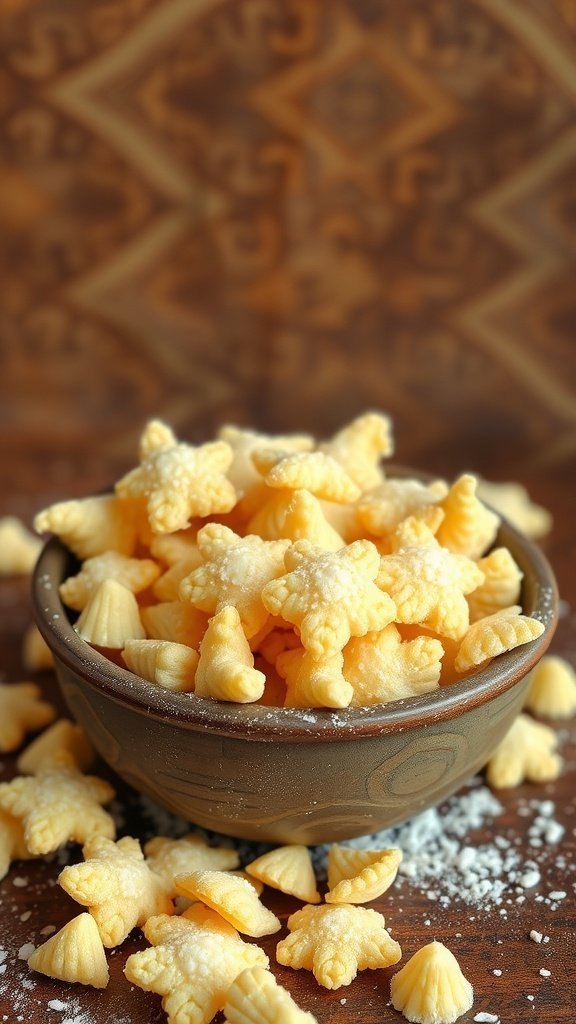 A bowl of golden, crispy murukku with star-shaped designs, surrounded by scattered pieces on a wooden table.