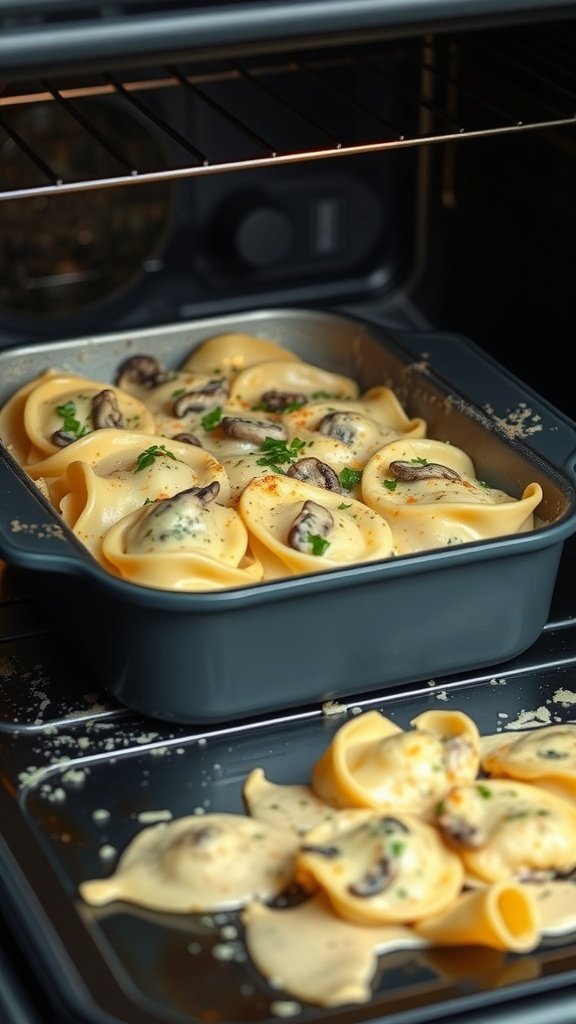 A baking dish of Mushroom Alfredo Tortellini Bake in an oven, with some tortellini spilling out.