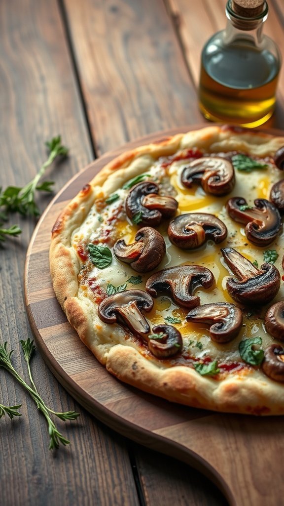 A delicious pizza topped with mushrooms and drizzled with truffle oil on a wooden board.