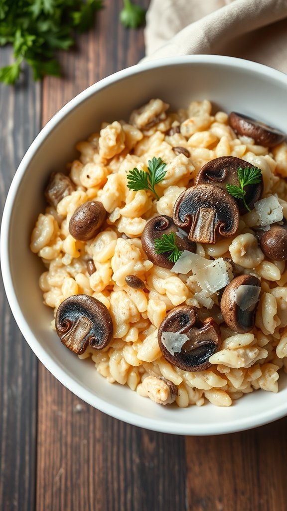 A bowl of creamy mushroom risotto topped with fresh herbs and mushrooms.