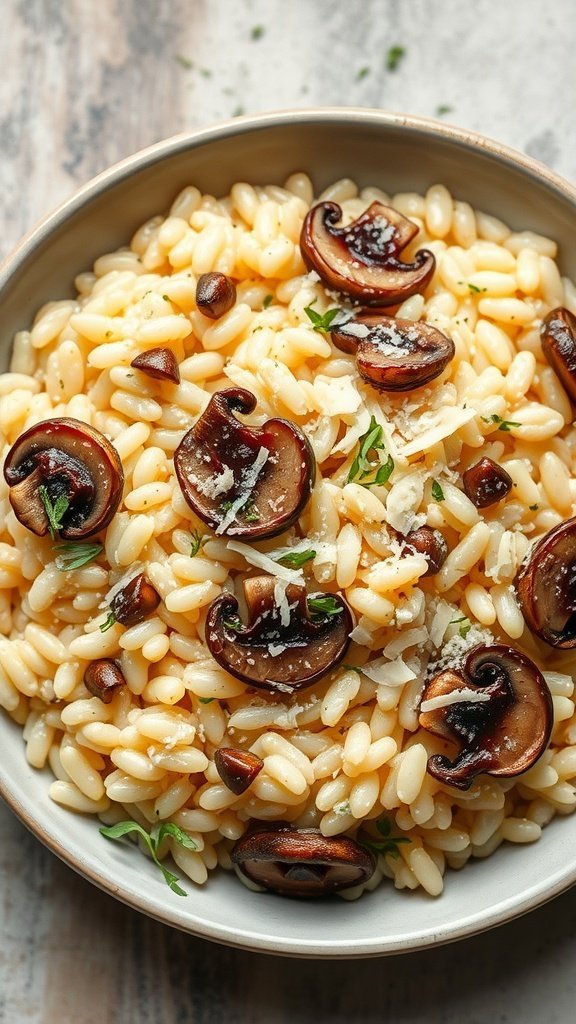 A bowl of creamy mushroom risotto topped with sautéed mushrooms and Parmesan.