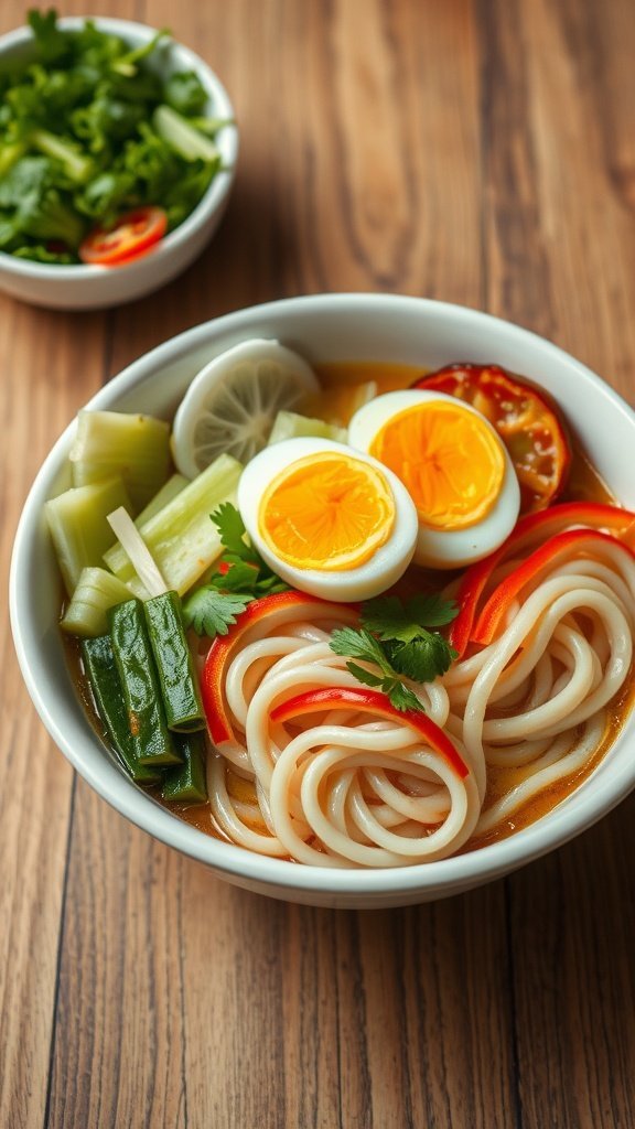 A bowl of naengmyeon with noodles, boiled eggs, and fresh vegetables.