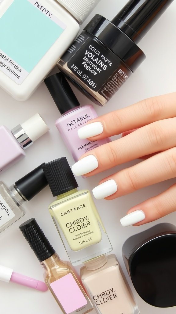 A collection of various nail care products and a hand with white nail polish.
