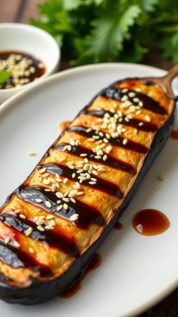 Miso glazed eggplant with sesame seeds on a plate, garnished with sauce and herbs.