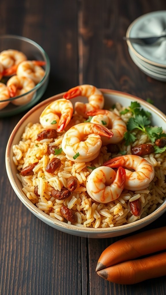 A bowl of New Orleans style shrimp and rice with cilantro and red beans on a wooden table.