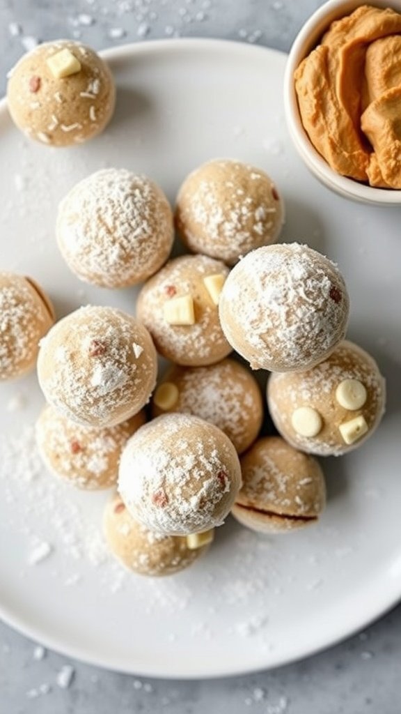 A plate of no-bake peanut butter cookie bites with powdered sugar and white chocolate chips, alongside a scoop of creamy peanut butter.