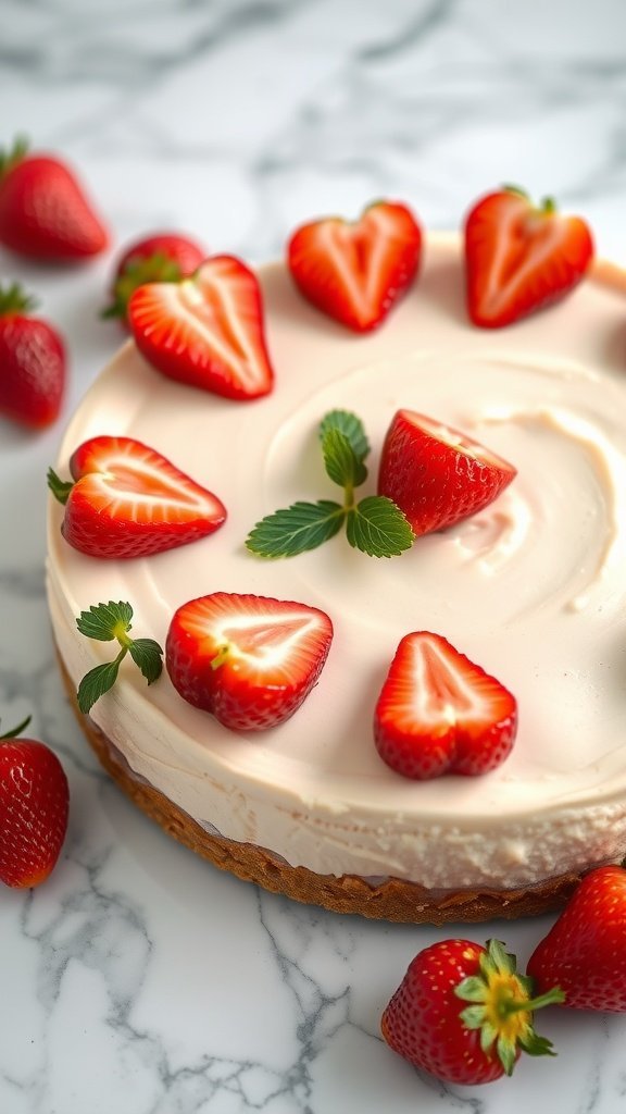 A no-bake strawberry cheesecake topped with fresh strawberries and mint leaves, sitting on a marble countertop.