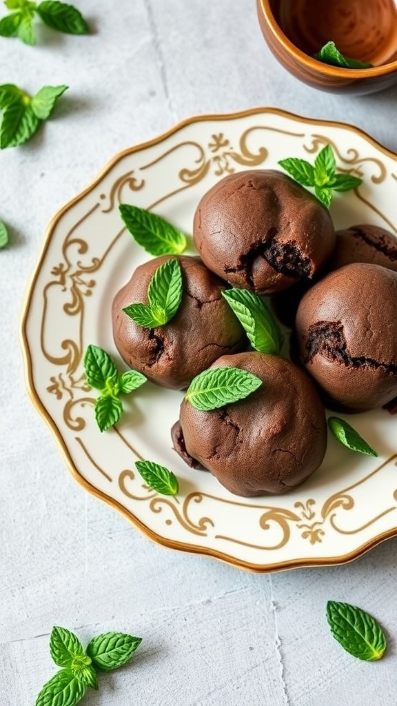 A plate of no bake chocolate mint cookies garnished with fresh mint leaves