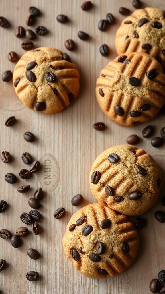 A close-up view of no bake coffee cookies with coffee beans surrounding them.