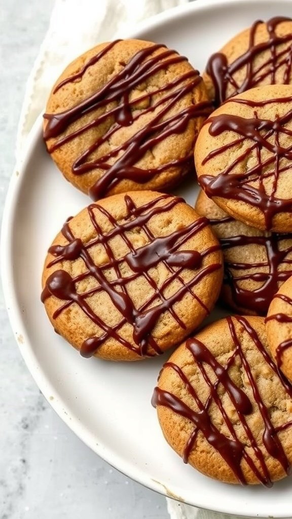 Plate of no bake Nutella cookies drizzled with chocolate