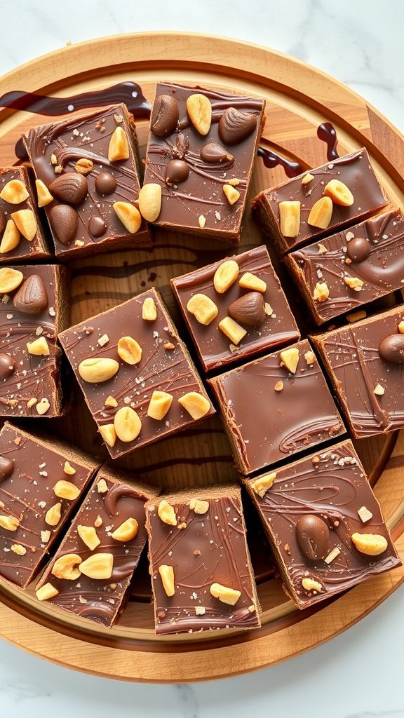 Delicious no bake peanut butter chocolate bars topped with peanuts, arranged on a wooden platter.