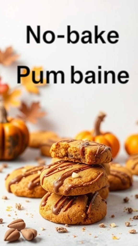 A stack of no bake pumpkin spice cookies drizzled with chocolate, surrounded by fall decorations.