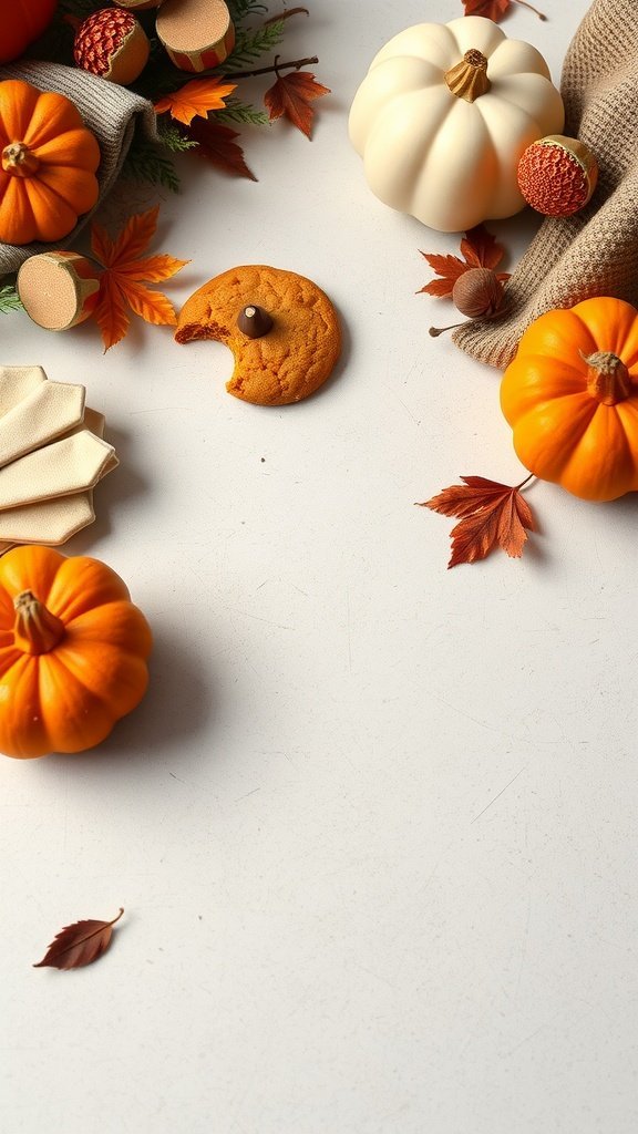 A flat lay of no bake pumpkin spice cookies surrounded by small pumpkins and autumn leaves.