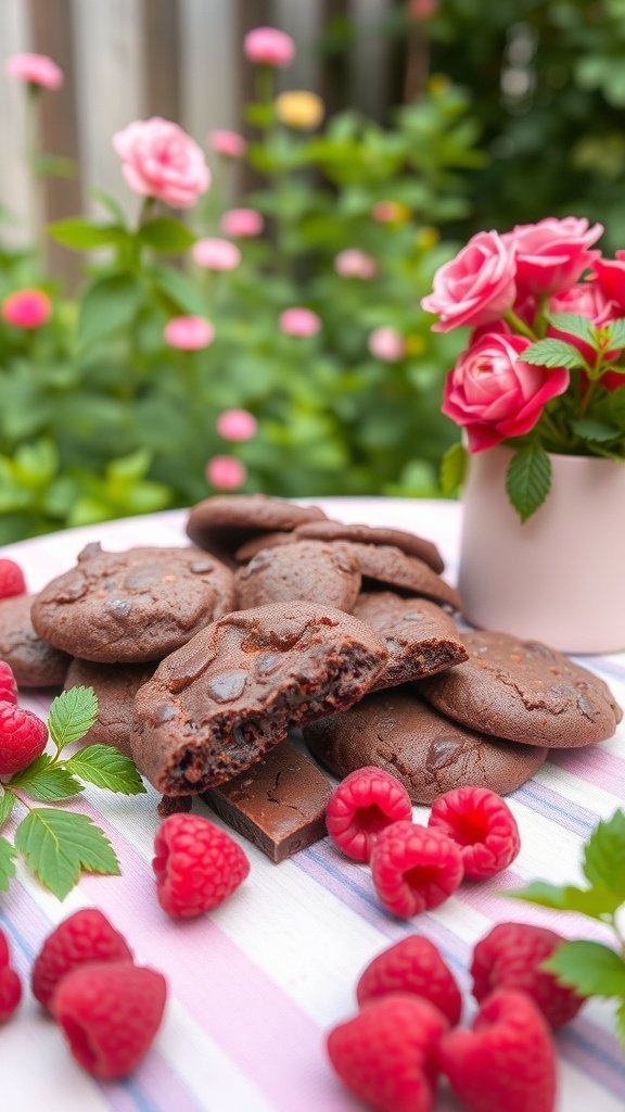 A stack of no bake raspberry chocolate cookies with fresh raspberries and pink roses in the background.