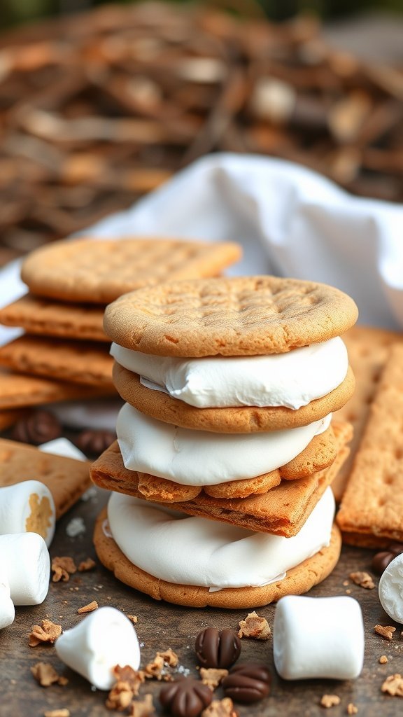 Stack of no bake s'mores cookies with graham crackers and marshmallows