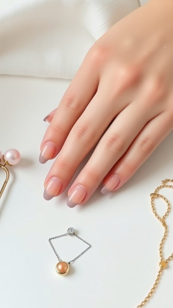 A hand with nude pink nails resting on a white surface, surrounded by delicate branches and jewelry.