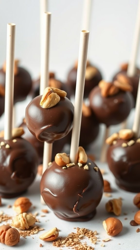 Chocolate-covered Nutella hazelnut cake pops topped with crushed hazelnuts on a white background.