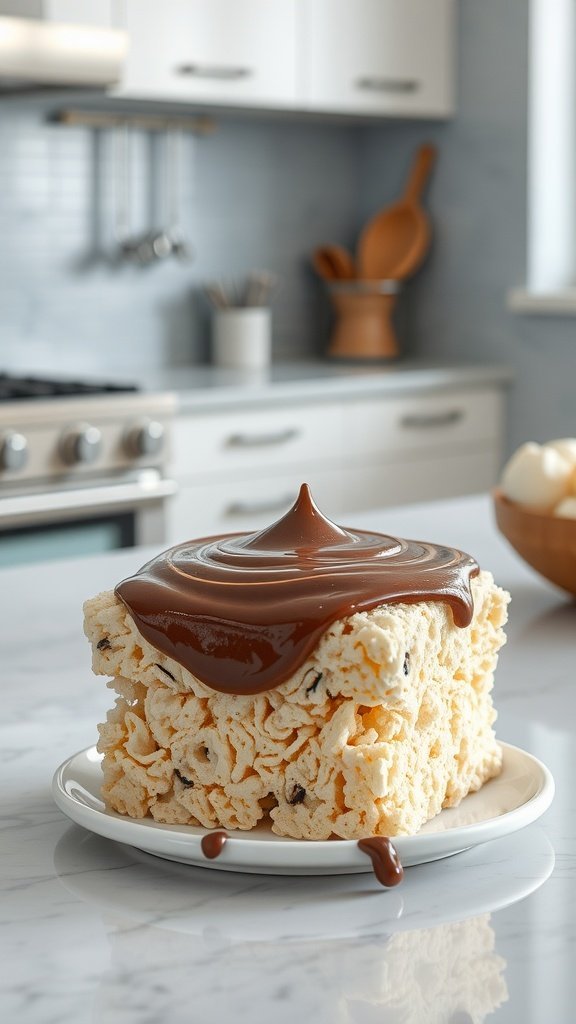 A plate of Rice Krispie treats topped with Nutella, set in a modern kitchen.