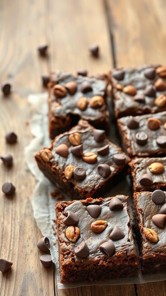 Nutty chocolate chip brownies on a wooden surface, topped with chocolate chips and roasted nuts.
