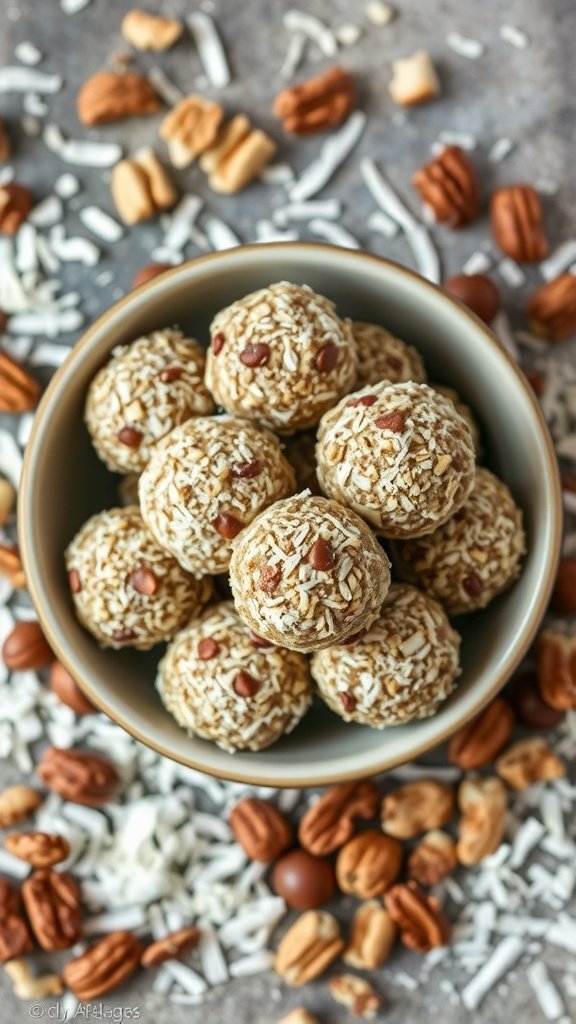 A bowl of Nutty Coconut No Bake Energy Bites surrounded by nuts and coconut flakes.