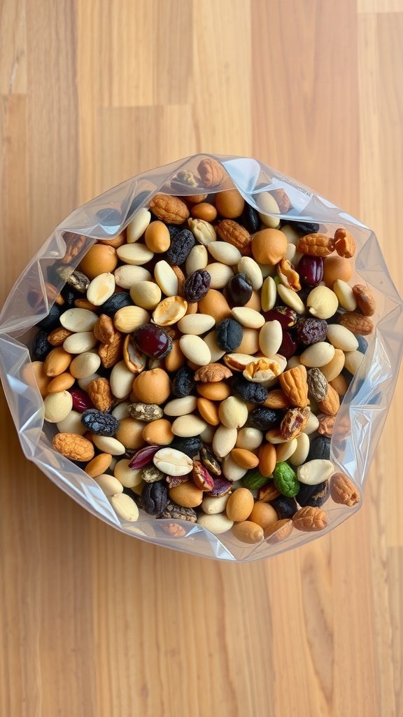 A colorful mix of nuts and dried fruits in a clear bag on a wooden surface.