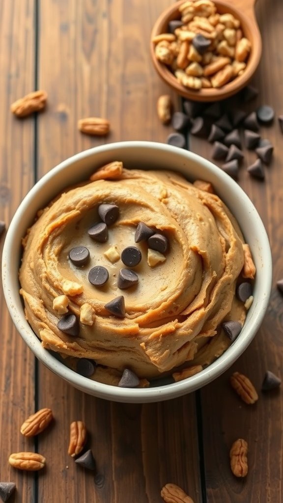 A bowl of creamy peanut butter topped with chocolate chips and nuts, surrounded by scattered nuts on a wooden table.