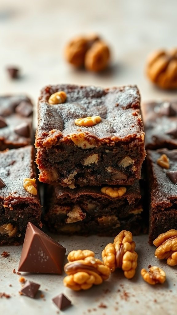 A stack of nutty walnut brownies with chocolate squares and walnuts scattered around.