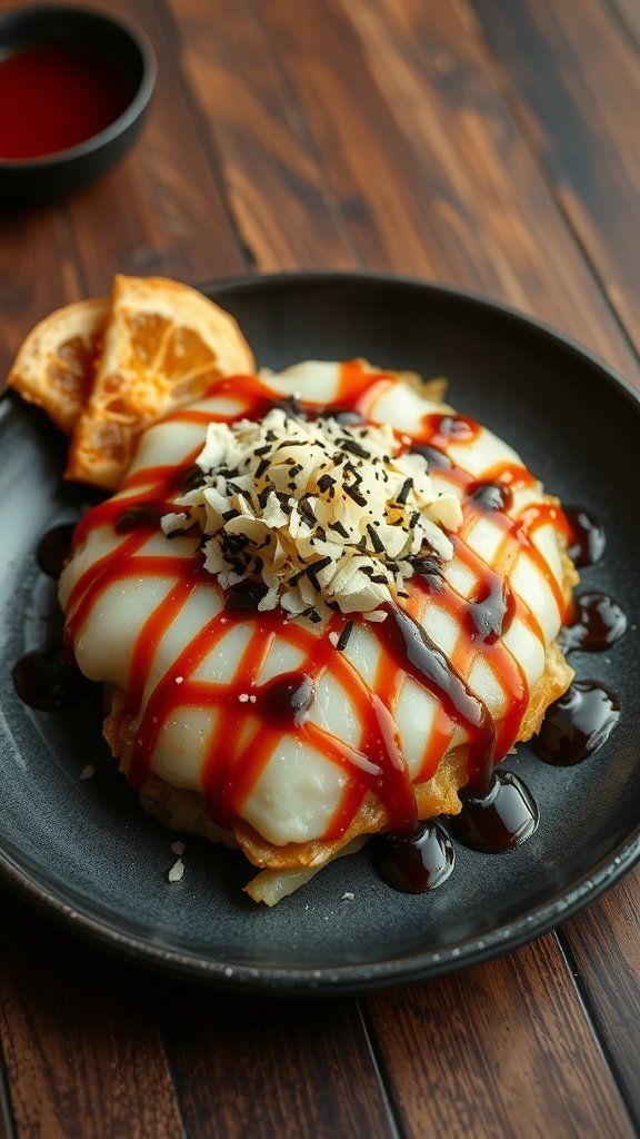 A plate of okonomiyaki topped with sauces and garnishes