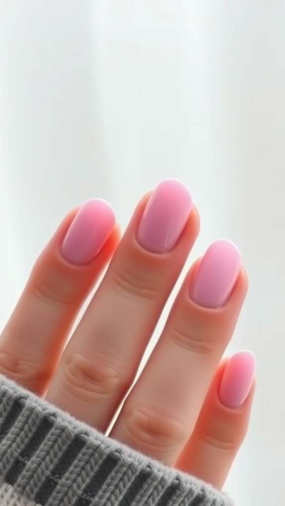 A close-up of ombre pink gradient nails with a soft transition from light to dark pink.