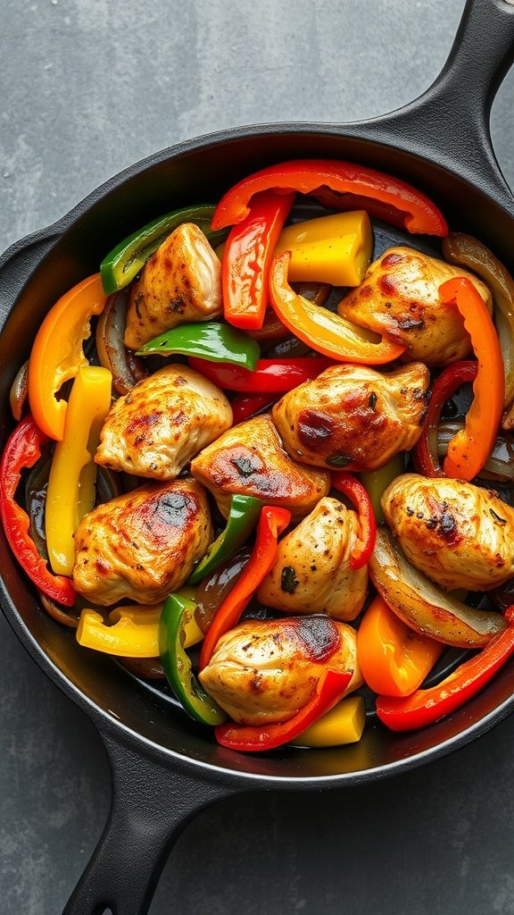 One-pan chicken fajitas with colorful bell peppers in a skillet