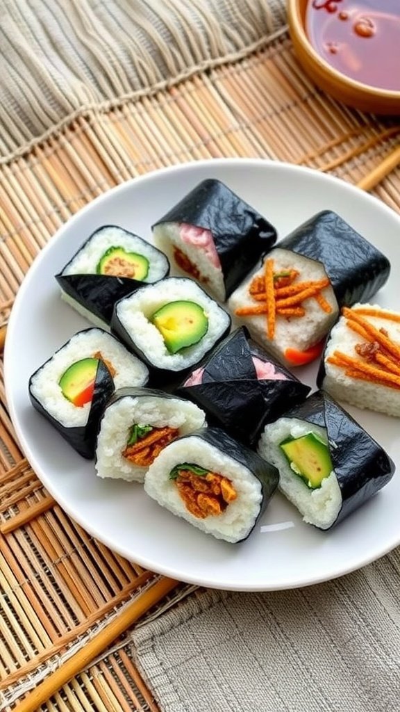 A plate of sushi rolls with various fillings wrapped in seaweed.