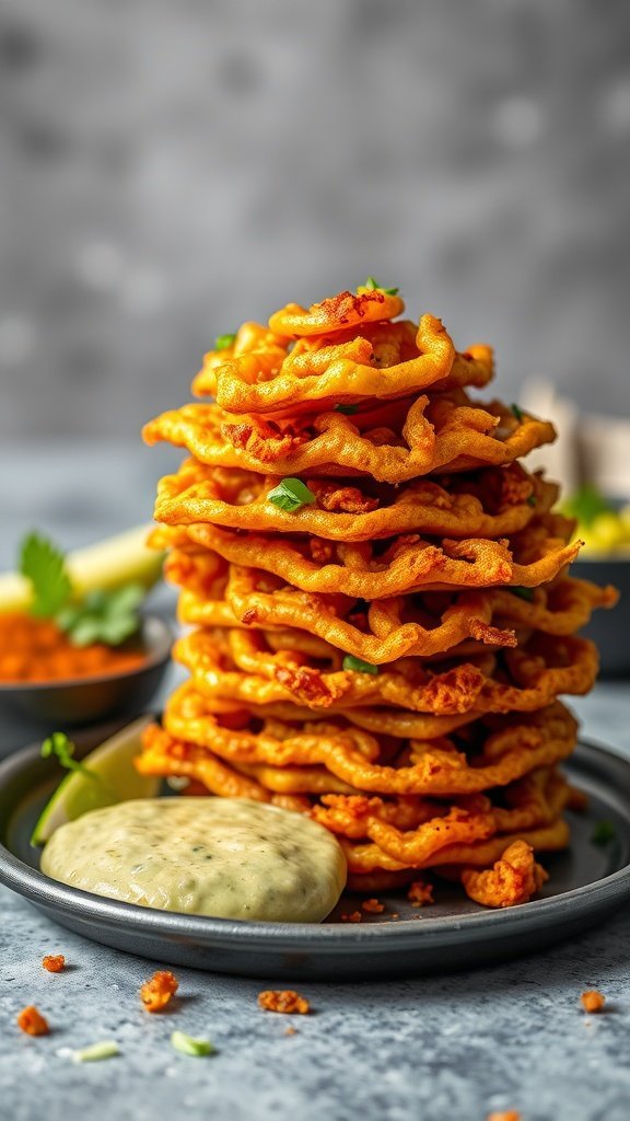 A stack of golden crispy onion bhajis on a plate, served with a side of chutney.