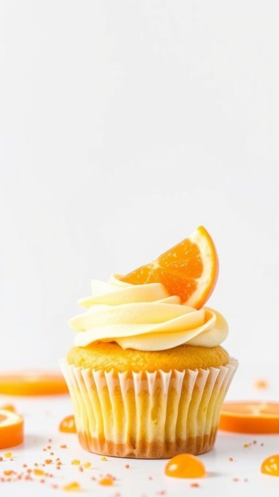 A beautifully decorated Orange Creamsicle Cupcake with a slice of orange on top.