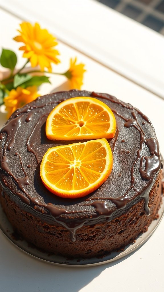 A rich dark chocolate cake topped with orange slices and chocolate ganache, surrounded by flowers.