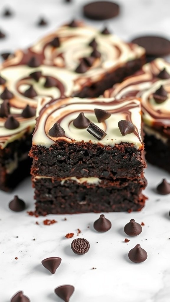 Delicious Oreo brownies topped with a cream cheese swirl and chocolate chips