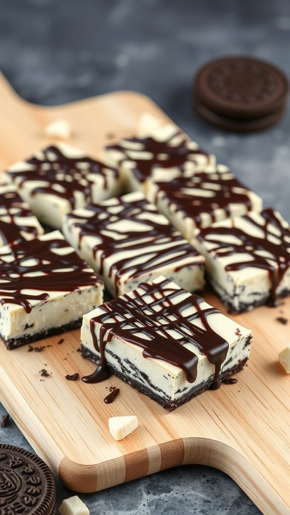 A wooden board with Oreo cheesecake bars drizzled with chocolate