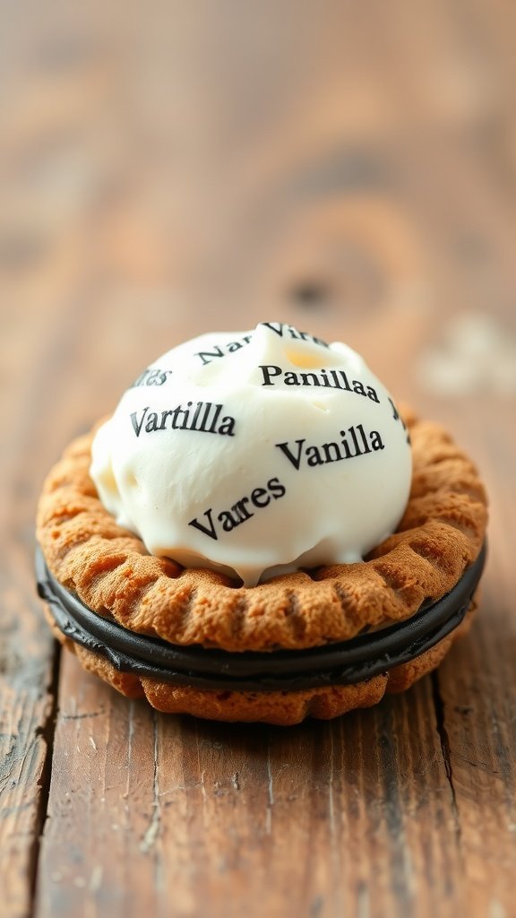 Close-up of an Oreo cookie ice cream sandwich with vanilla ice cream and playful text on top.