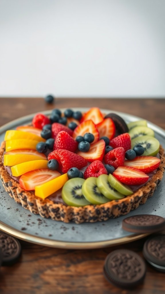A delicious Oreo Crust Fruit Tart topped with an assortment of vibrant fruits