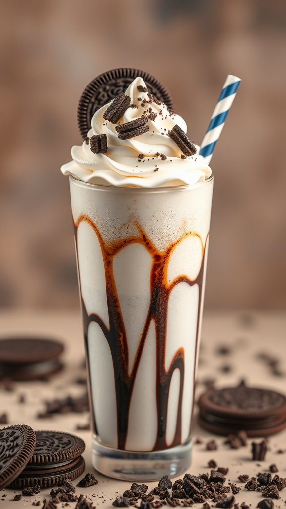 A delicious Oreo milkshake topped with whipped cream and cookie pieces, served in a tall glass with a striped straw.