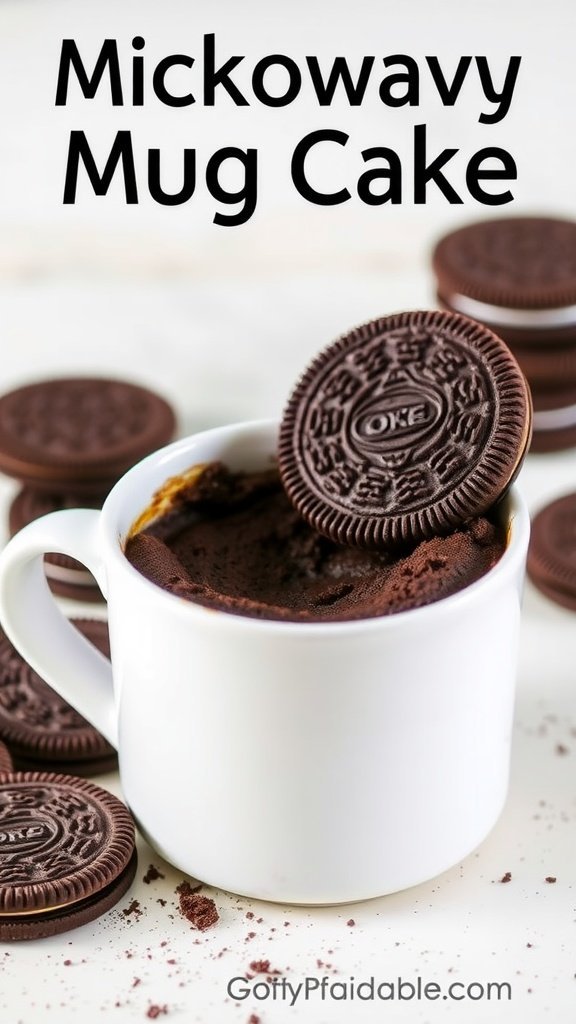 A white mug filled with chocolate mug cake topped with an Oreo cookie, surrounded by scattered Oreos.