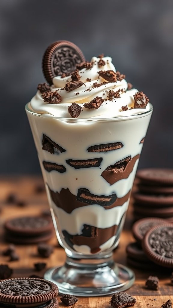 A delicious Oreo pudding parfait in a clear glass, layered with whipped cream and crushed Oreo cookies, topped with a whole Oreo cookie.