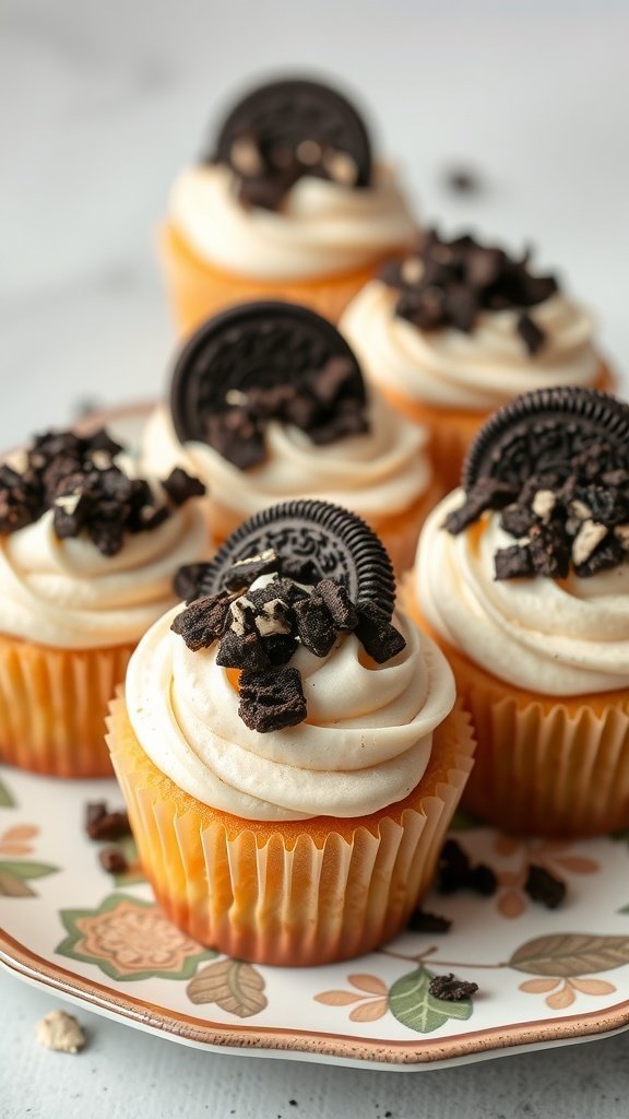 Delicious Oreo stuffed cupcakes with frosting and crushed Oreos on top.